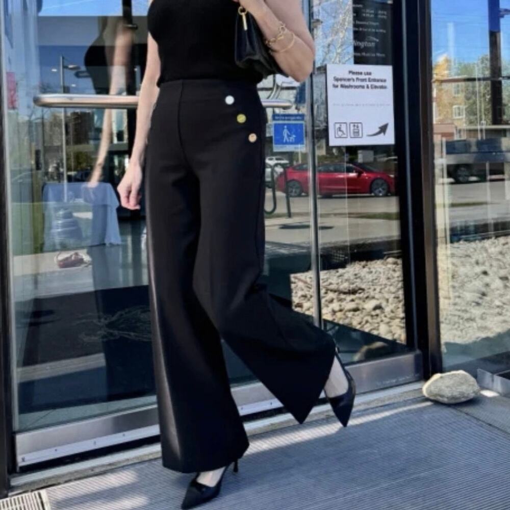Spanx The Perfect Pant Black High Waist Ponte Button Front Wide Leg - SP 20849Q